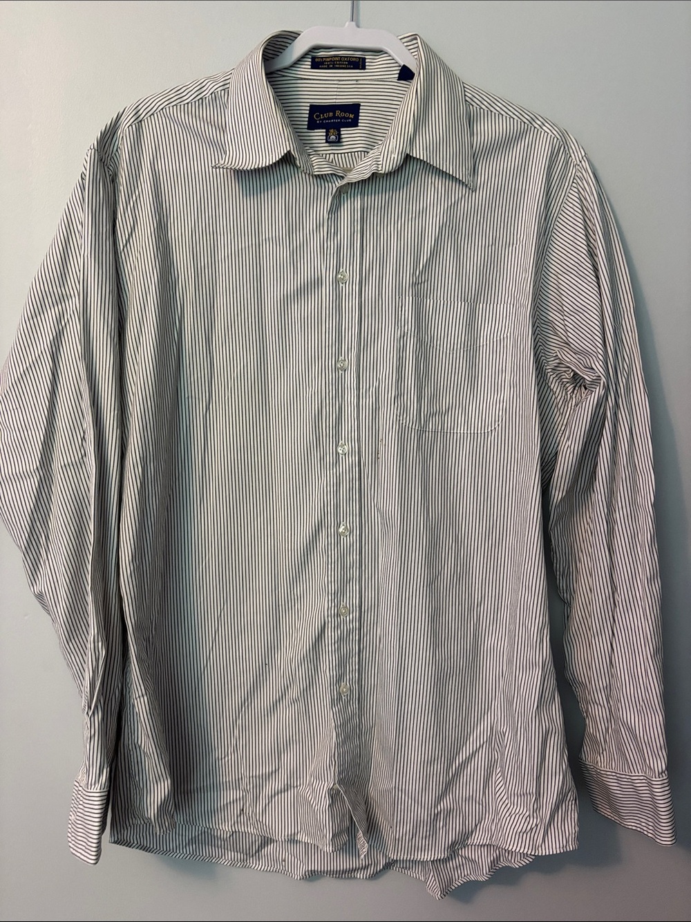 Club Room Men's White and Navy Striped Dress Shirt